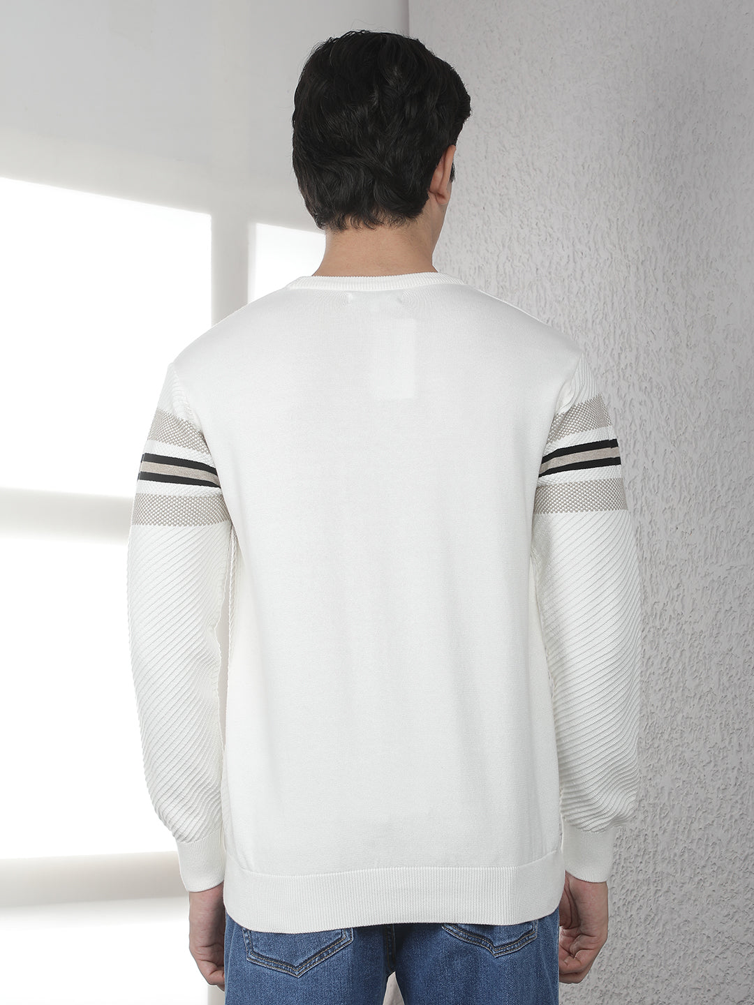 Off White 100% Cotton Horizontal Stripes Round Neck Sweater