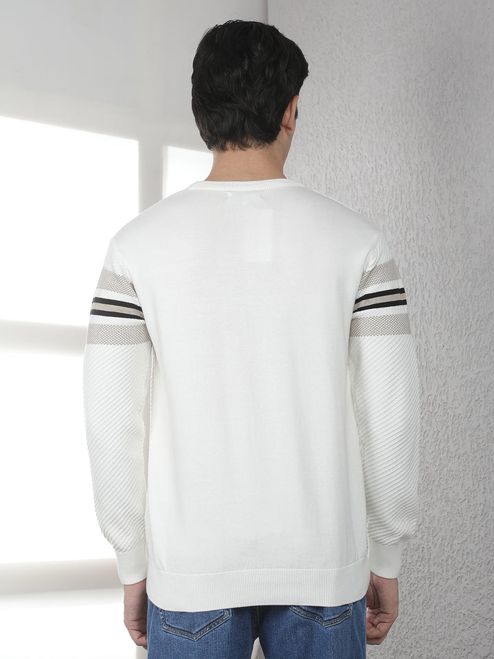 Off White 100% Cotton Horizontal Stripes Round Neck Sweater