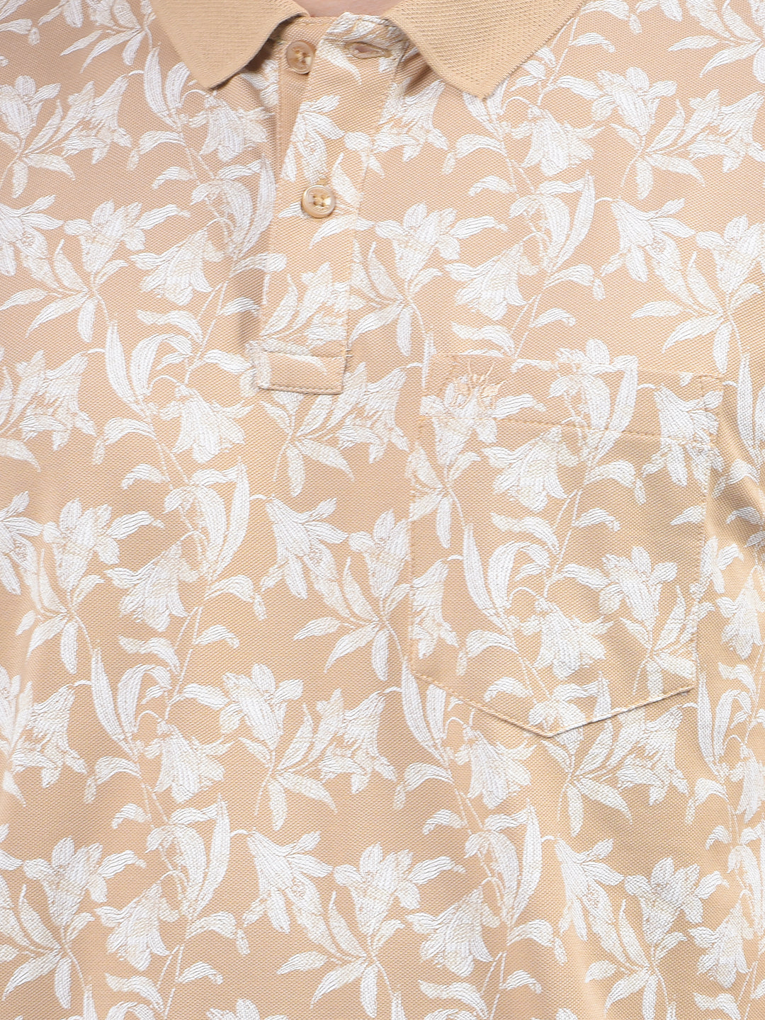 Beige Floral Print Polo-Neck T-Shirt