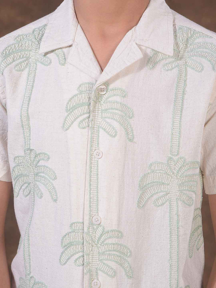 Green Embroidered Resort-Collar Linen Shirt