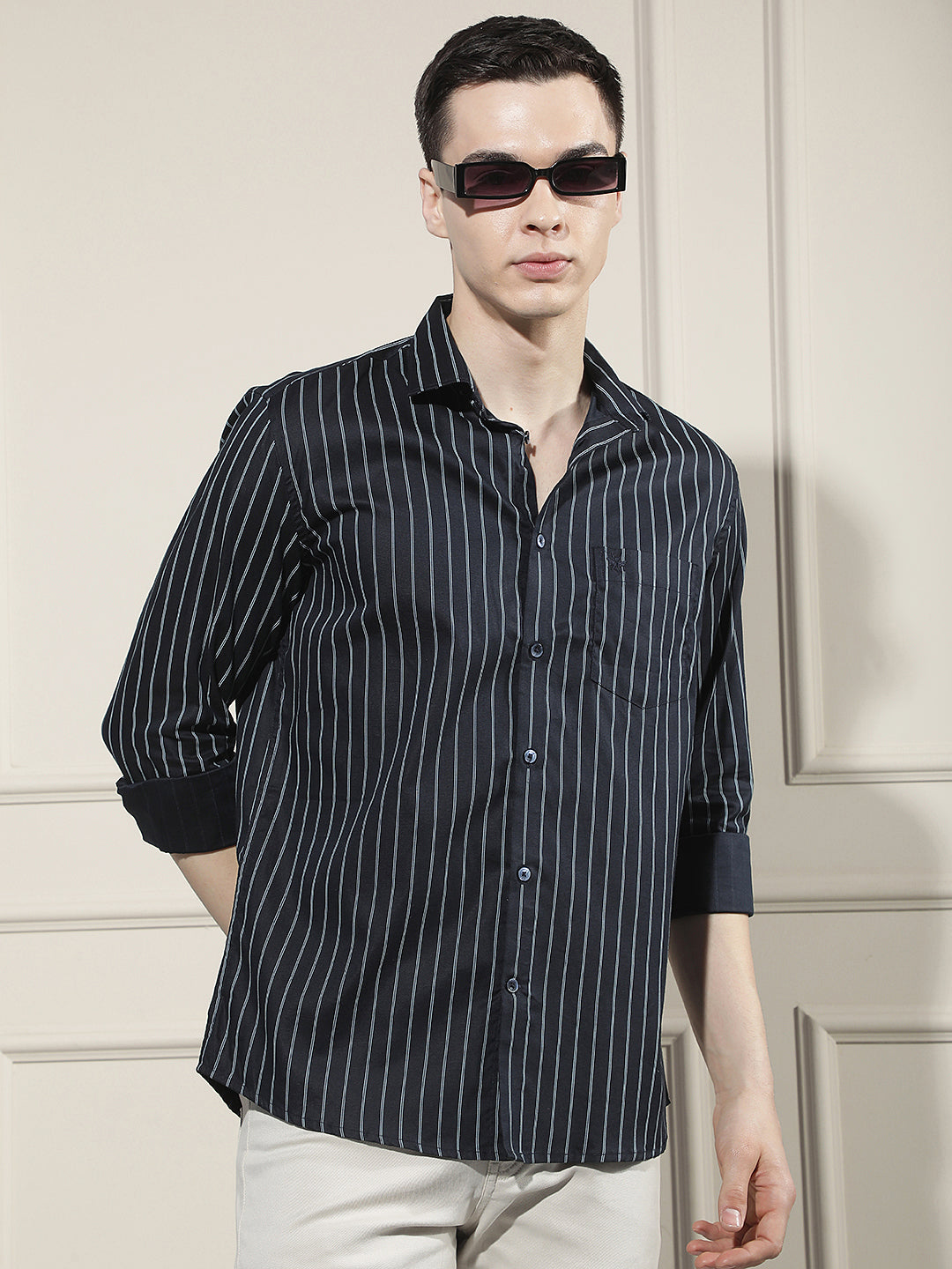 Navy Blue Vertical Striped Shirt