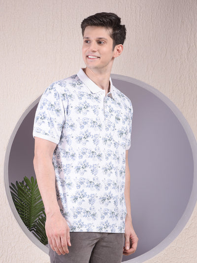 Green Floral Print Polo-Neck T-Shirt