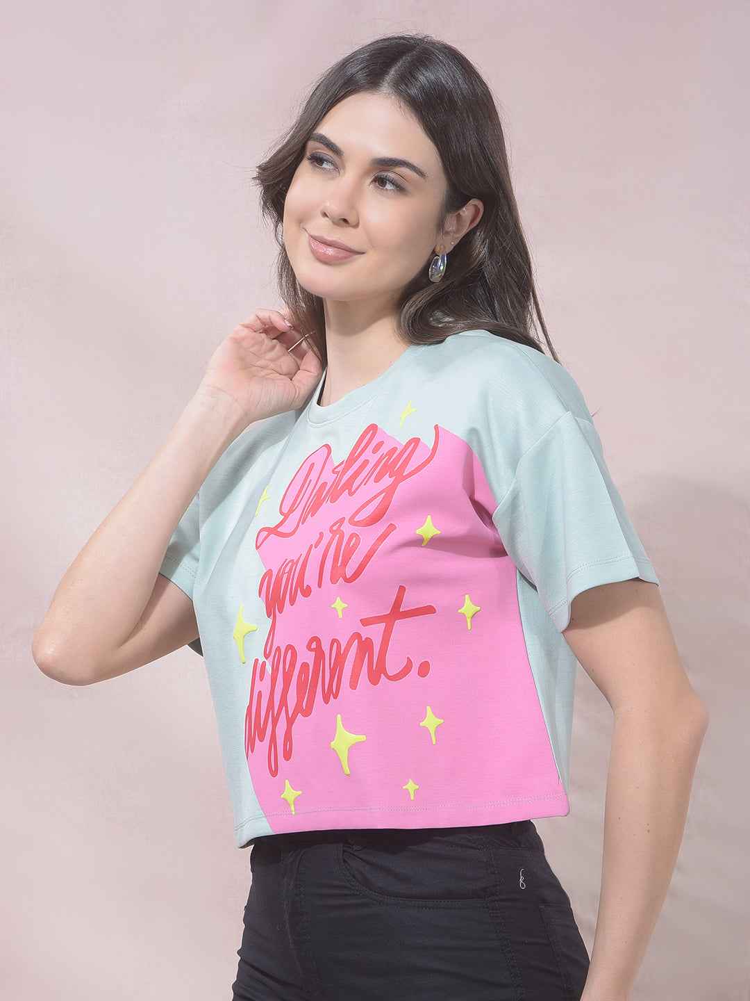 Green Typographic Print Cropped T-Shirt