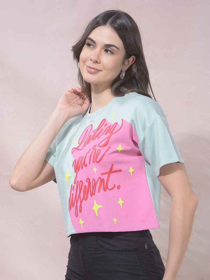 Green Typographic Print Cropped T-Shirt