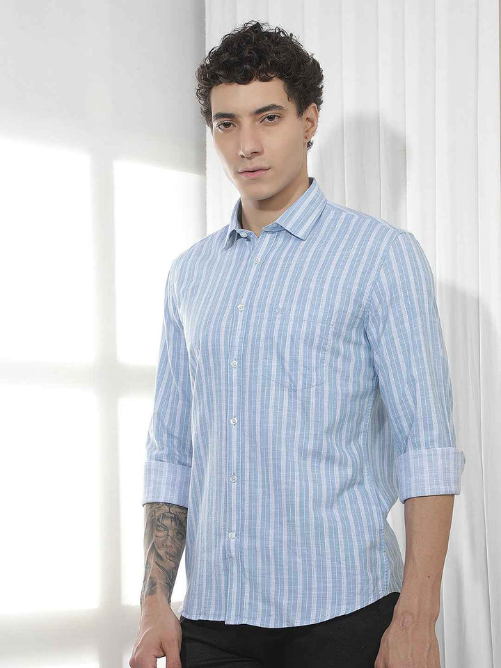 Blue Vertical Striped 100% Cotton Shirt