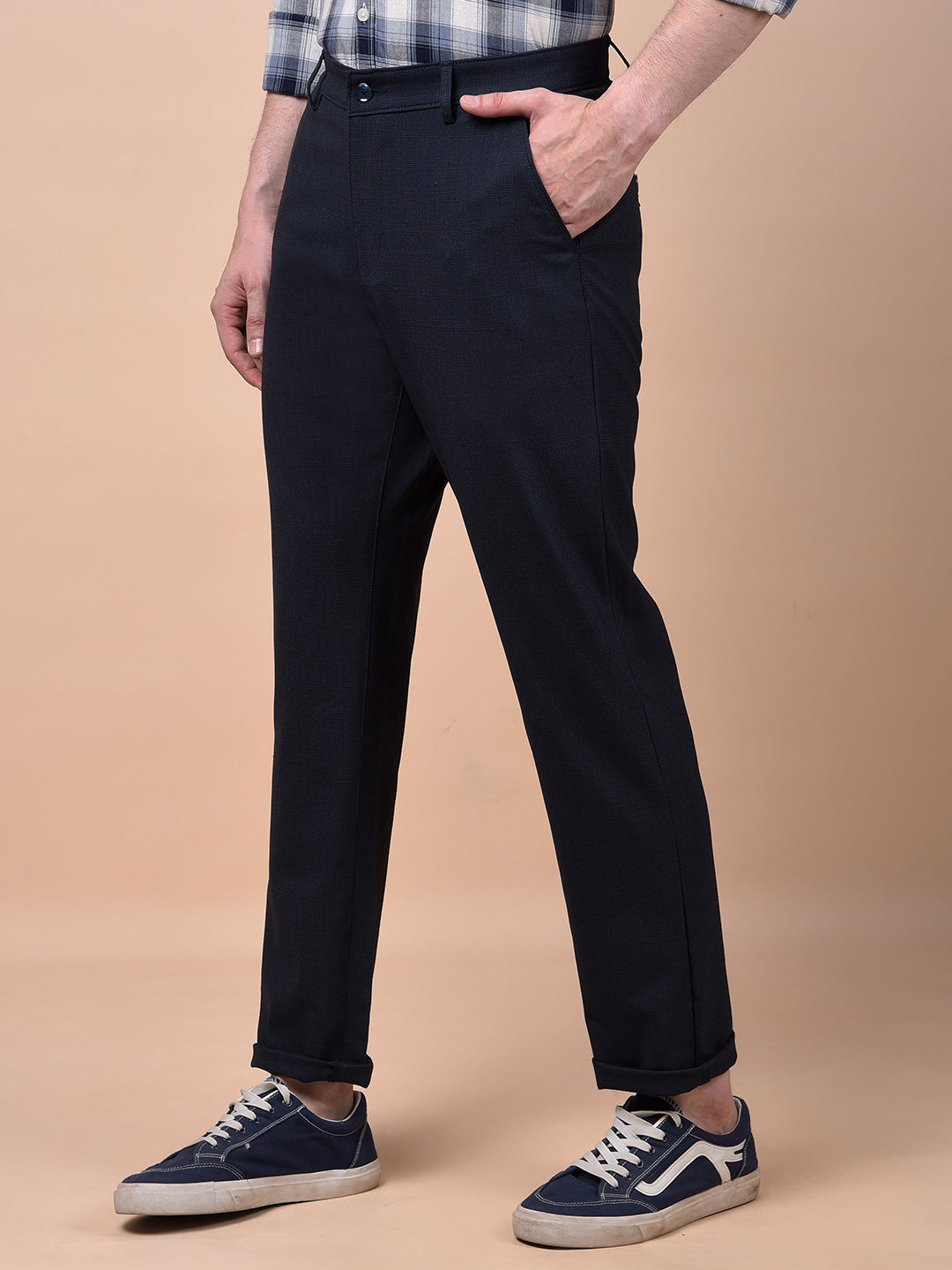 Navy Blue Checked Trousers