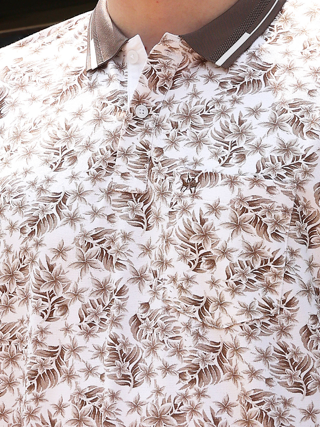 Brown Floral Print Polo Neck T-Shirt