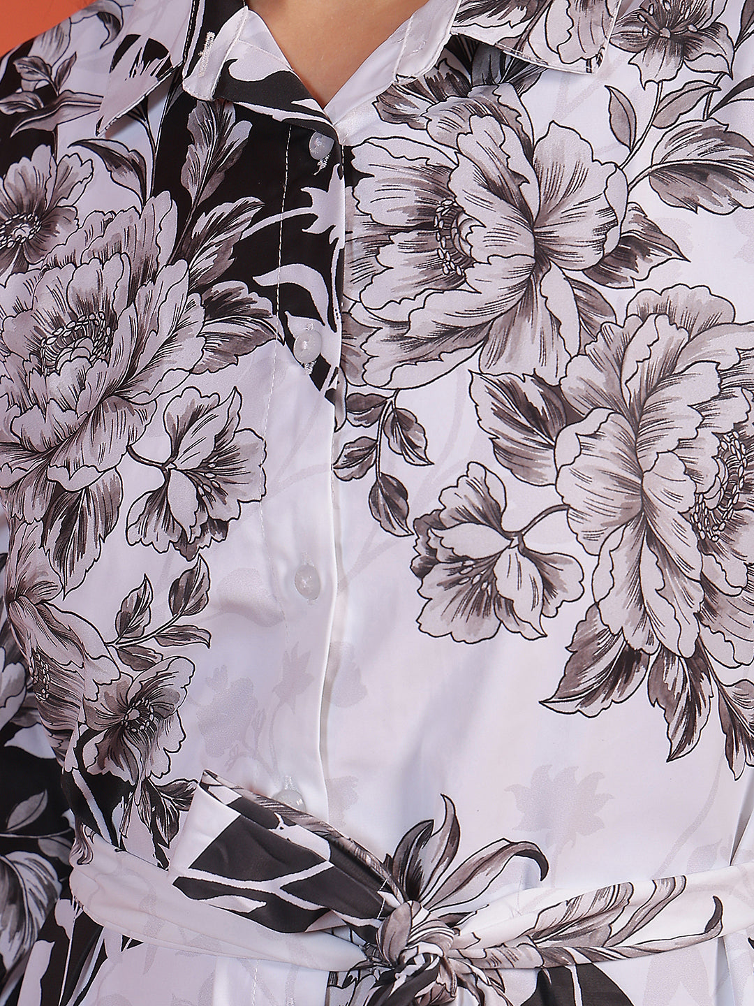 Black Floral Print Midi Length Shirt Dress With Belt