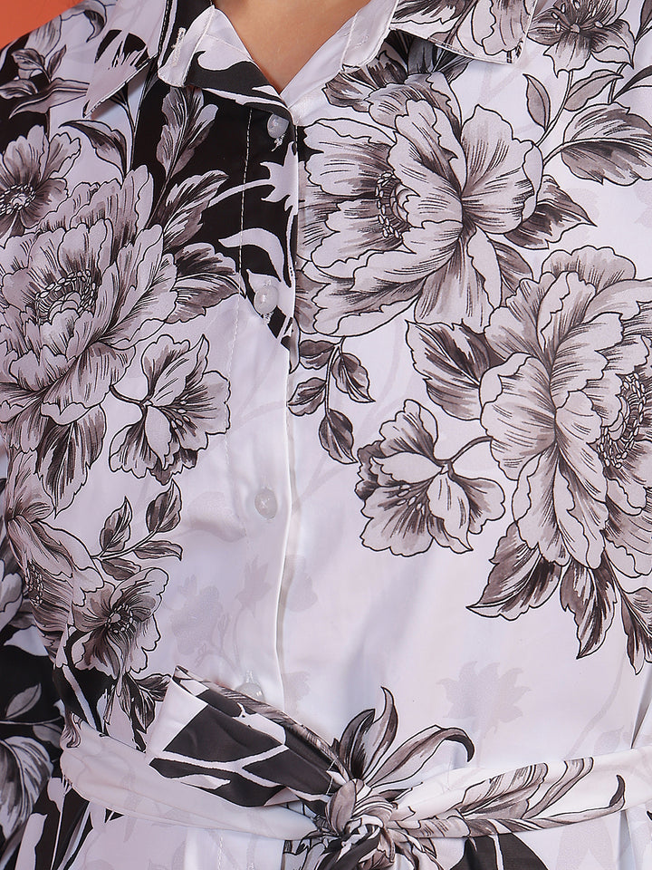 Black Floral Print Midi Length Shirt Dress With Belt