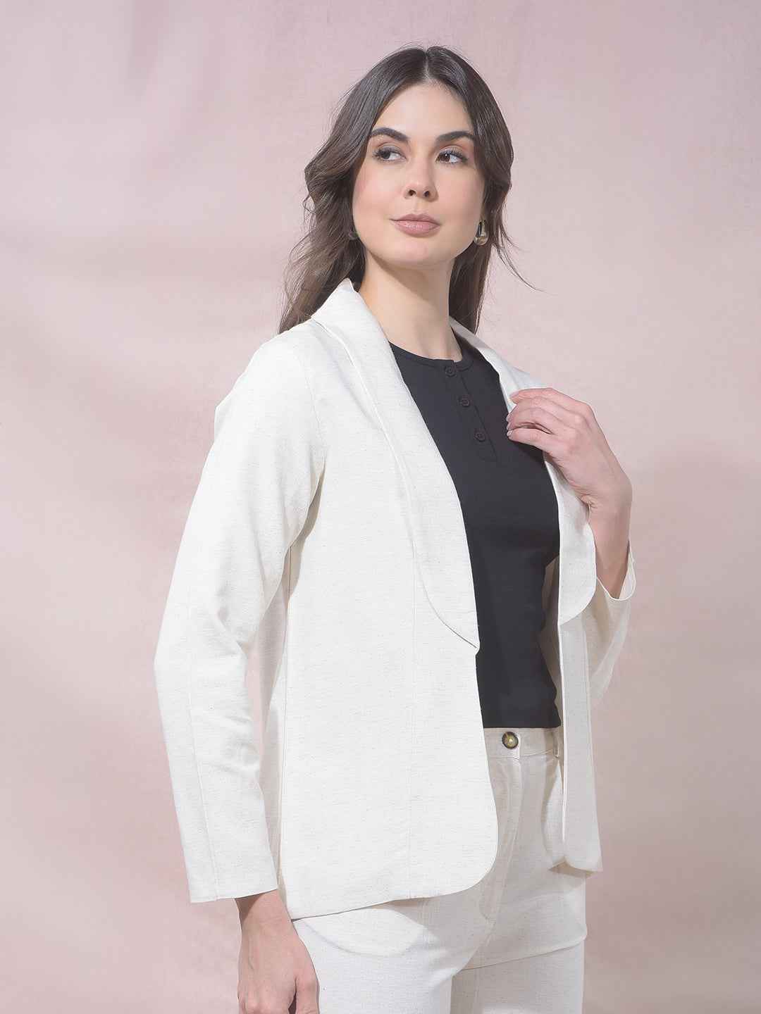 Off White Notched Lapel Open Front Blazer