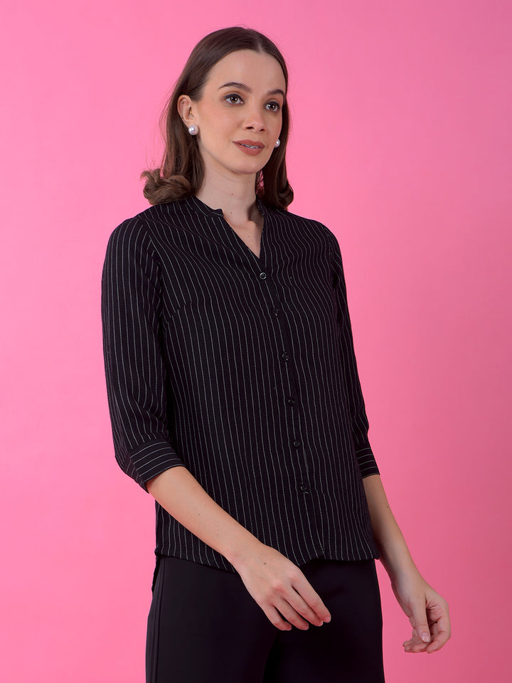 Black Vertical Stripes V-Neck Shirt