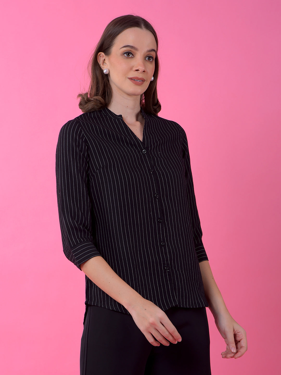Black Vertical Stripes V-Neck Shirt