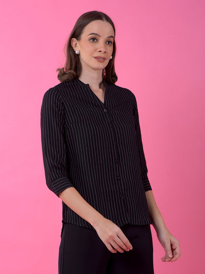 Black Vertical Stripes V-Neck Shirt