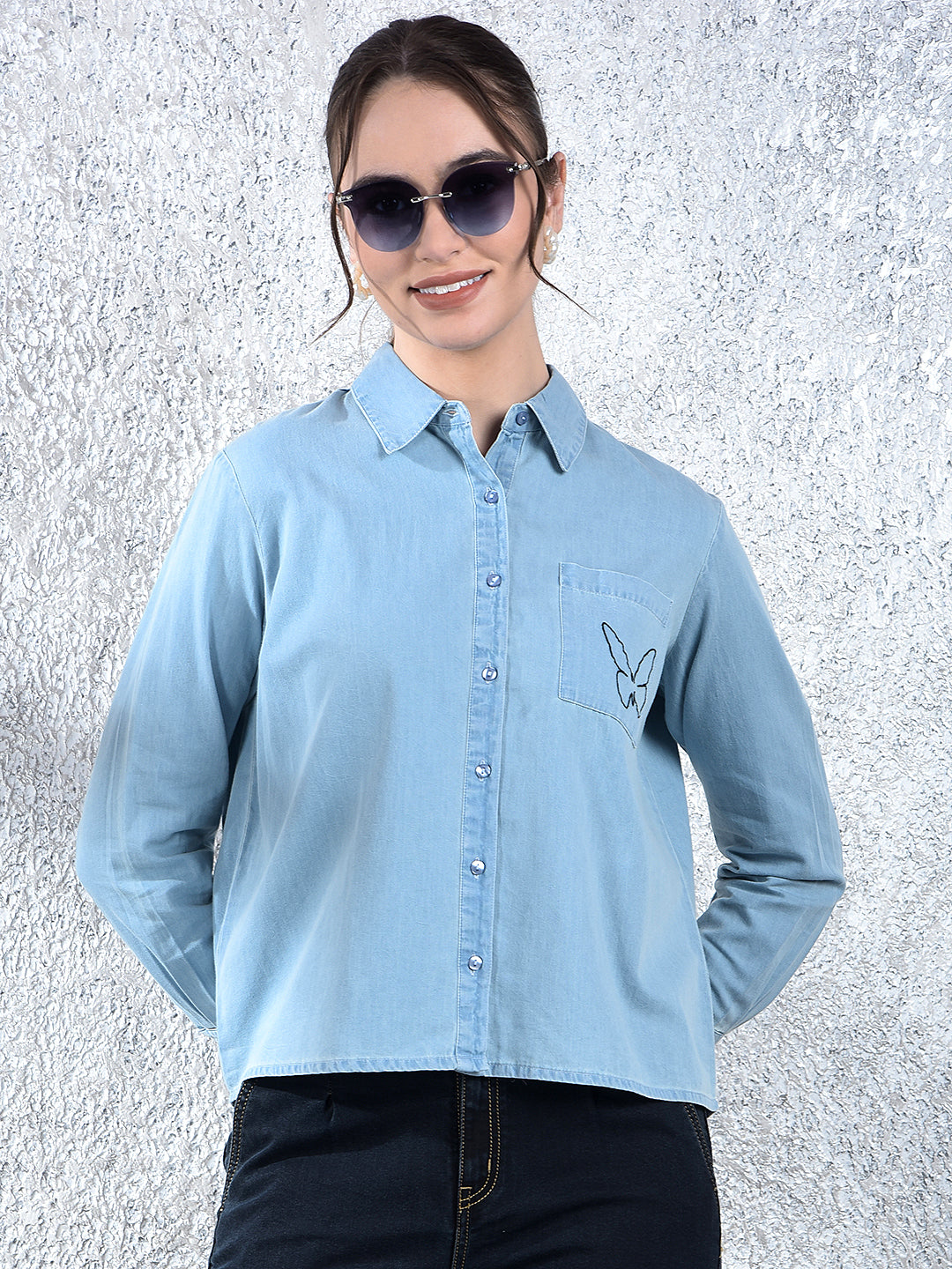 Blue Embroidered 100% Cotton Denim Shirt