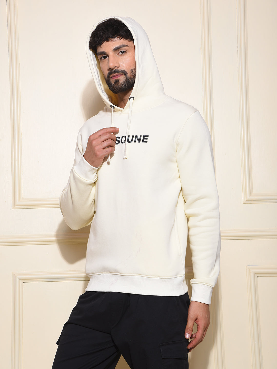 Cream Typographic Print Hooded Neck Sweatshirt