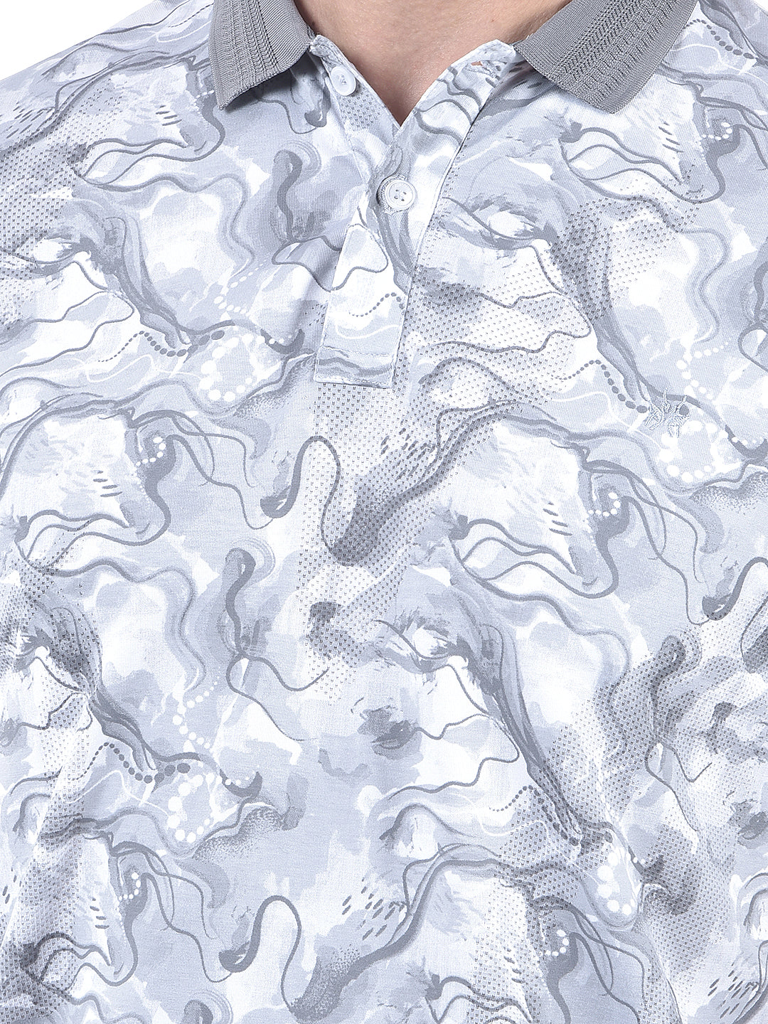 Grey Abstract Print Polo Neck T-Shirt