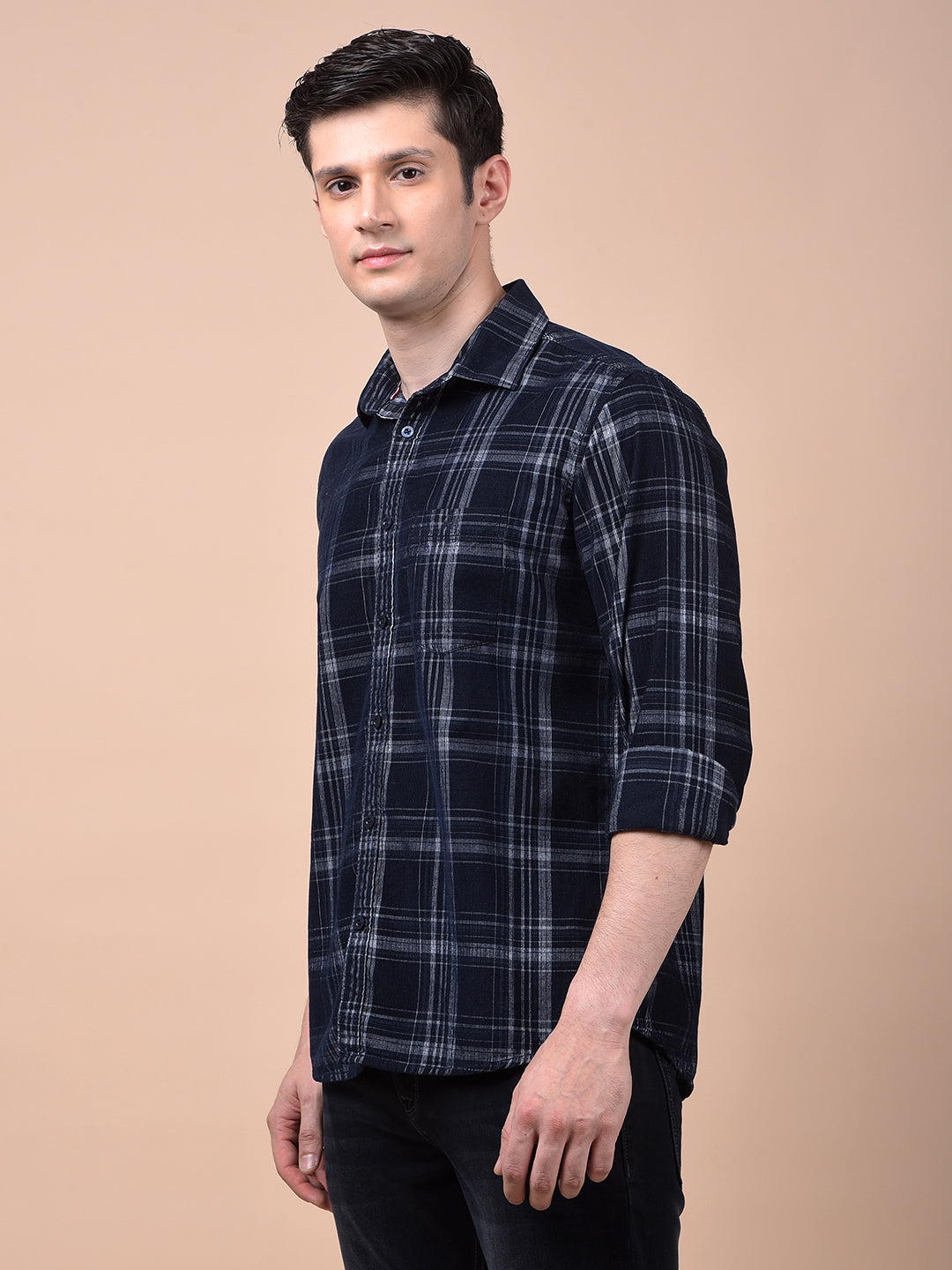 Navy Blue Checked 100% Cotton Shirt