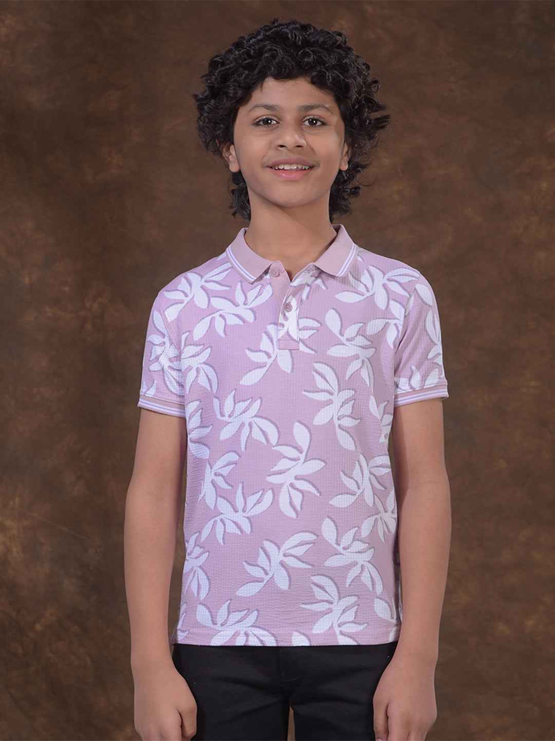 Purple Floral Print Polo Neck T-Shirt