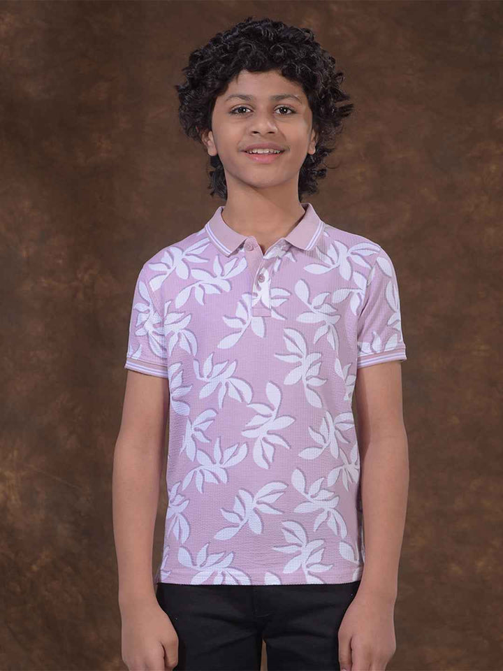Purple Floral Print Polo Neck T-Shirt