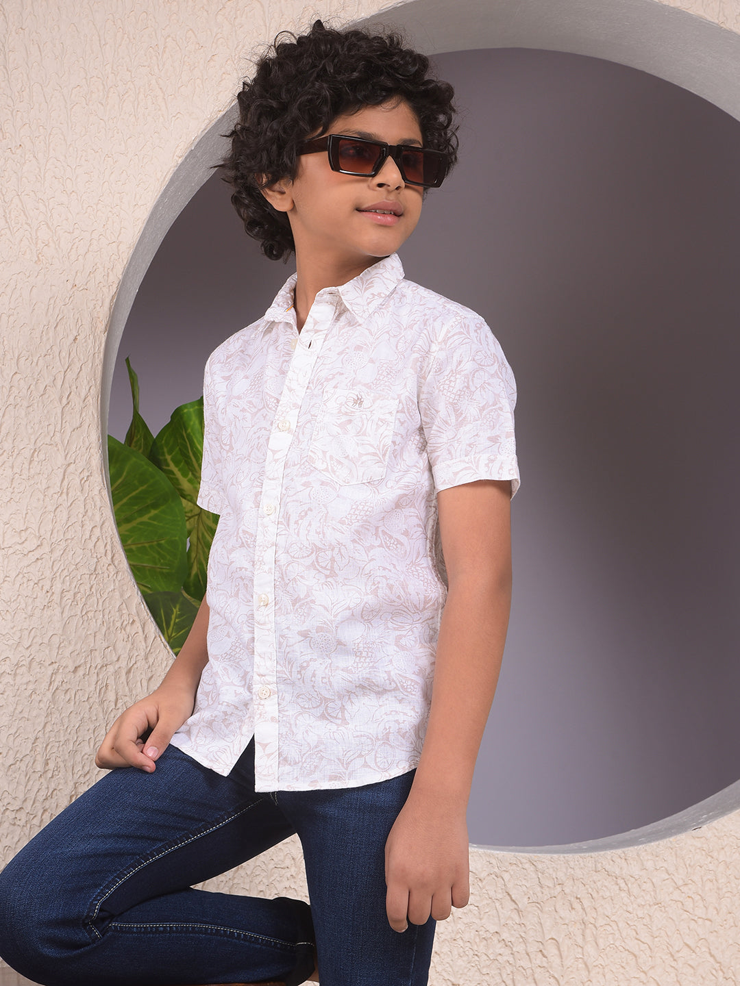 Beige Floral Print Linen Shirt