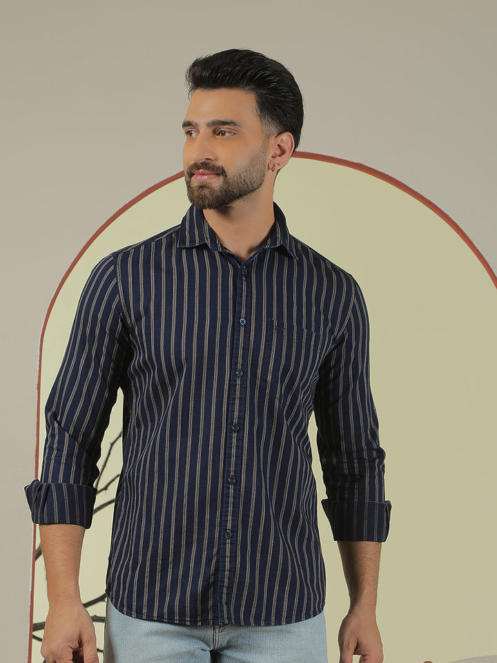 Navy Blue Vertical Stripes 100% Cotton Shirt