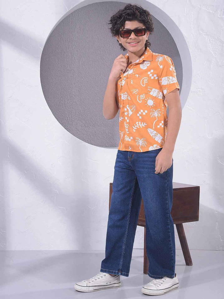 Orange Motif Print 100% Cotton Shirt
