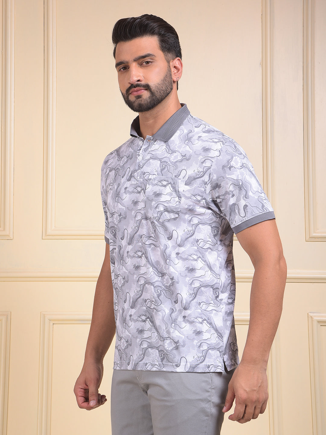 Grey Abstract Print Polo Neck T-Shirt