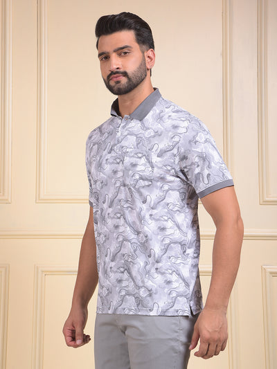 Grey Abstract Print Polo Neck T-Shirt