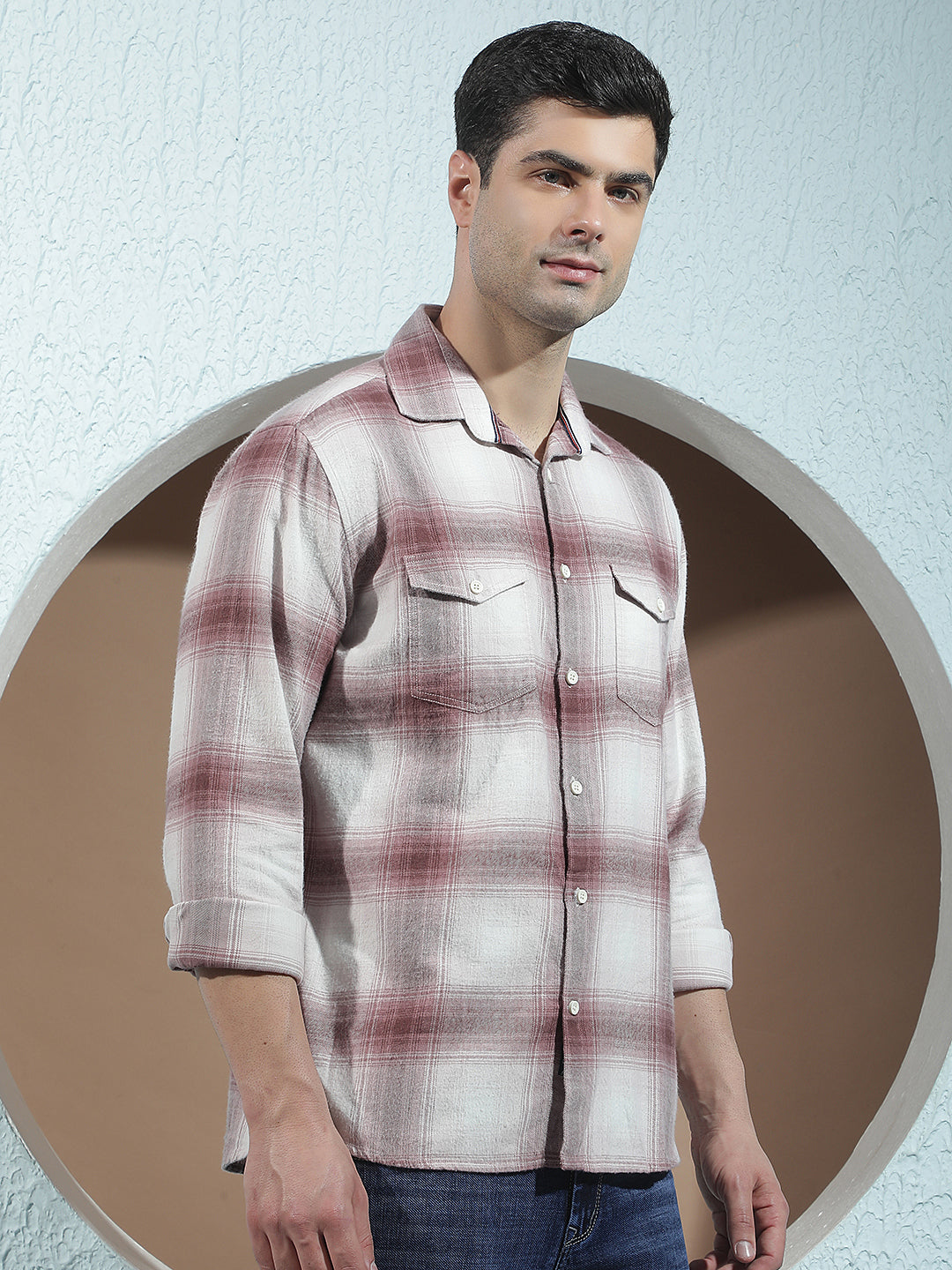 Purple Checked 100% Cotton Double Pocket Shirt