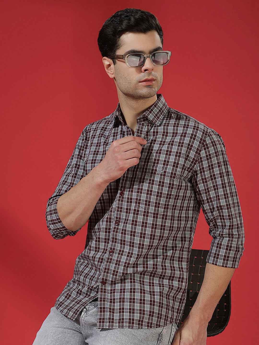 Wine Checked 100% Cotton Shirt
