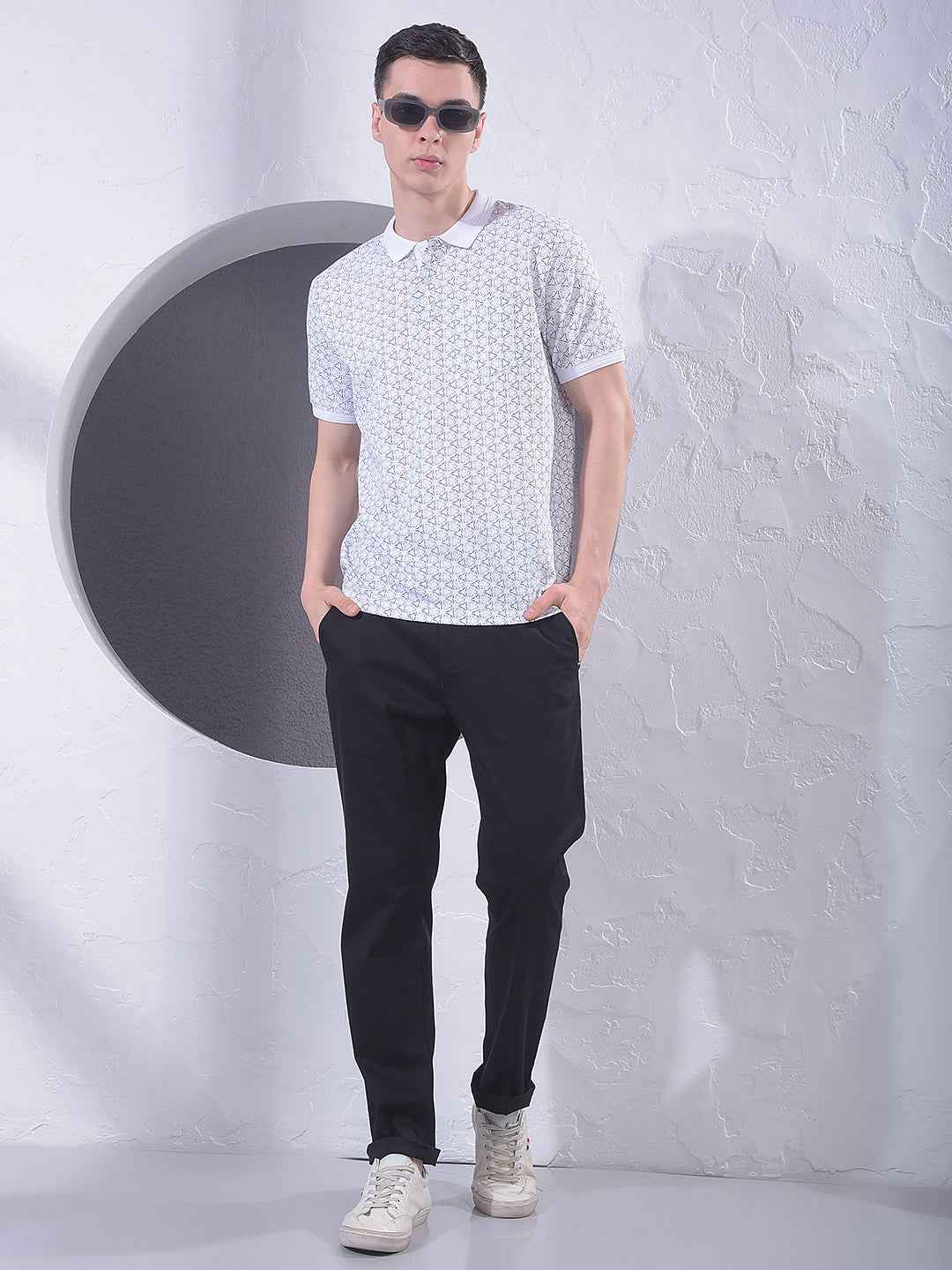 White Printed Polo Neck T-Shirt