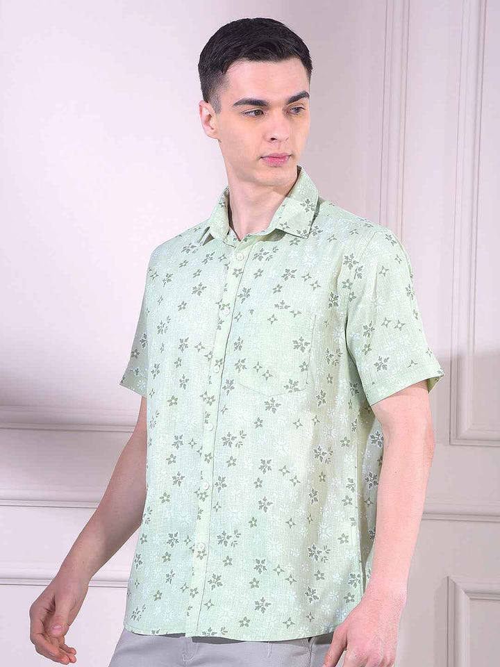 Green Linen Floral Print Shirt