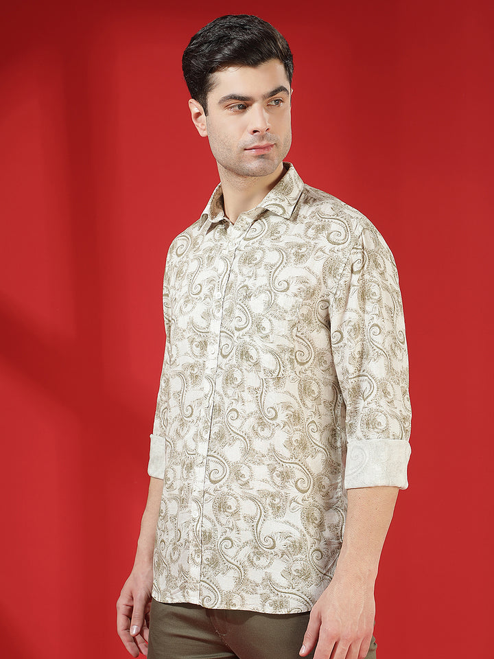 Olive Floral Print Linen Kurta