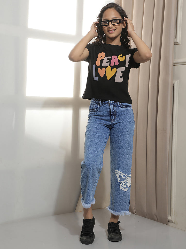 Blue Graphic Print 100% cotton Wide Leg Jeans