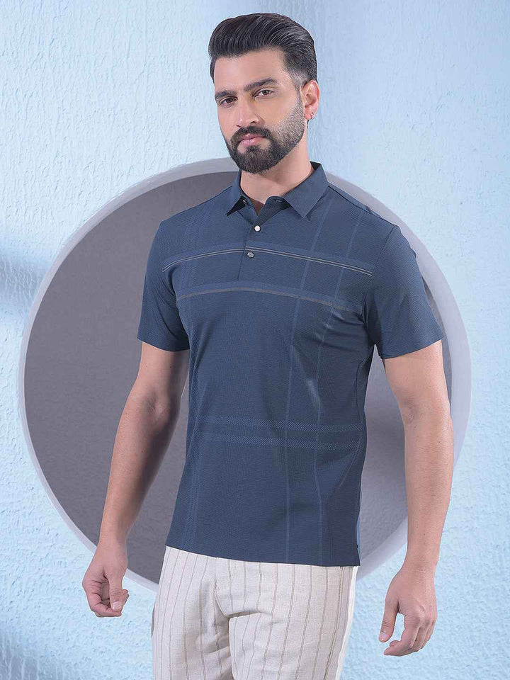Navy Blue Checked Polo Neck T-Shirt