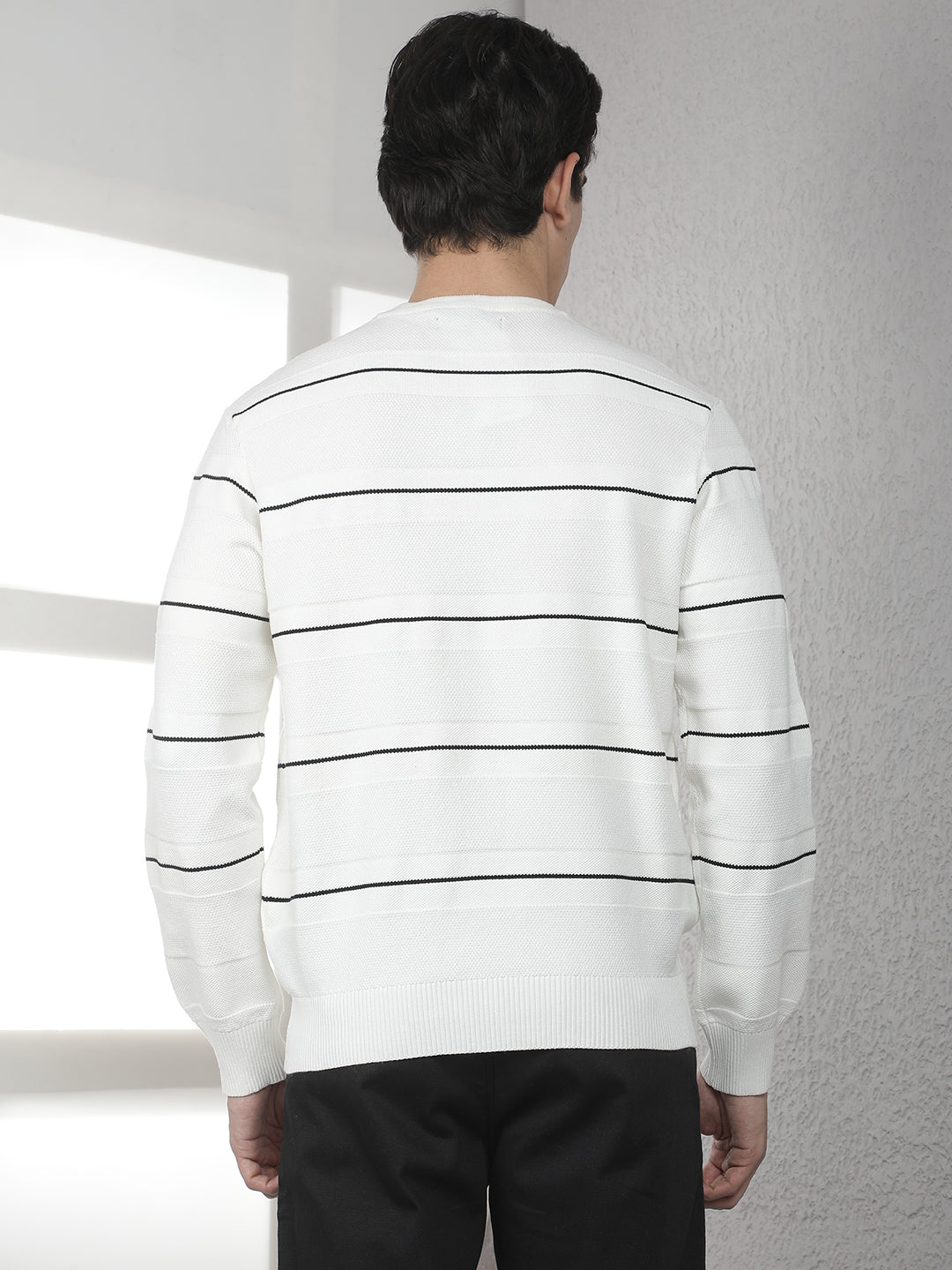 White Horizontal Stripes Round Neck Sweater