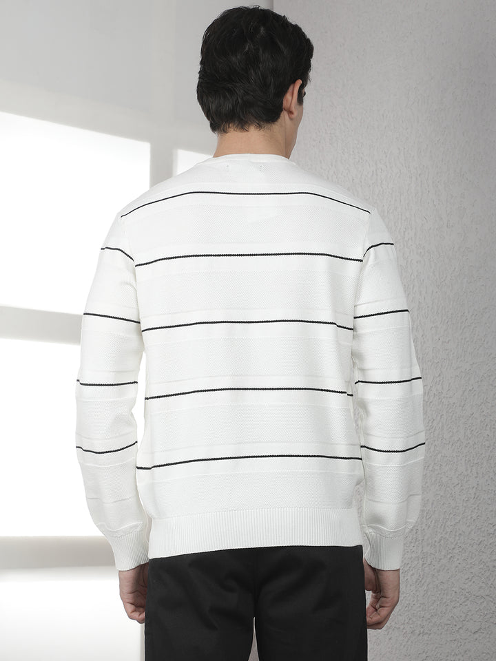 White Horizontal Stripes Round Neck Sweater