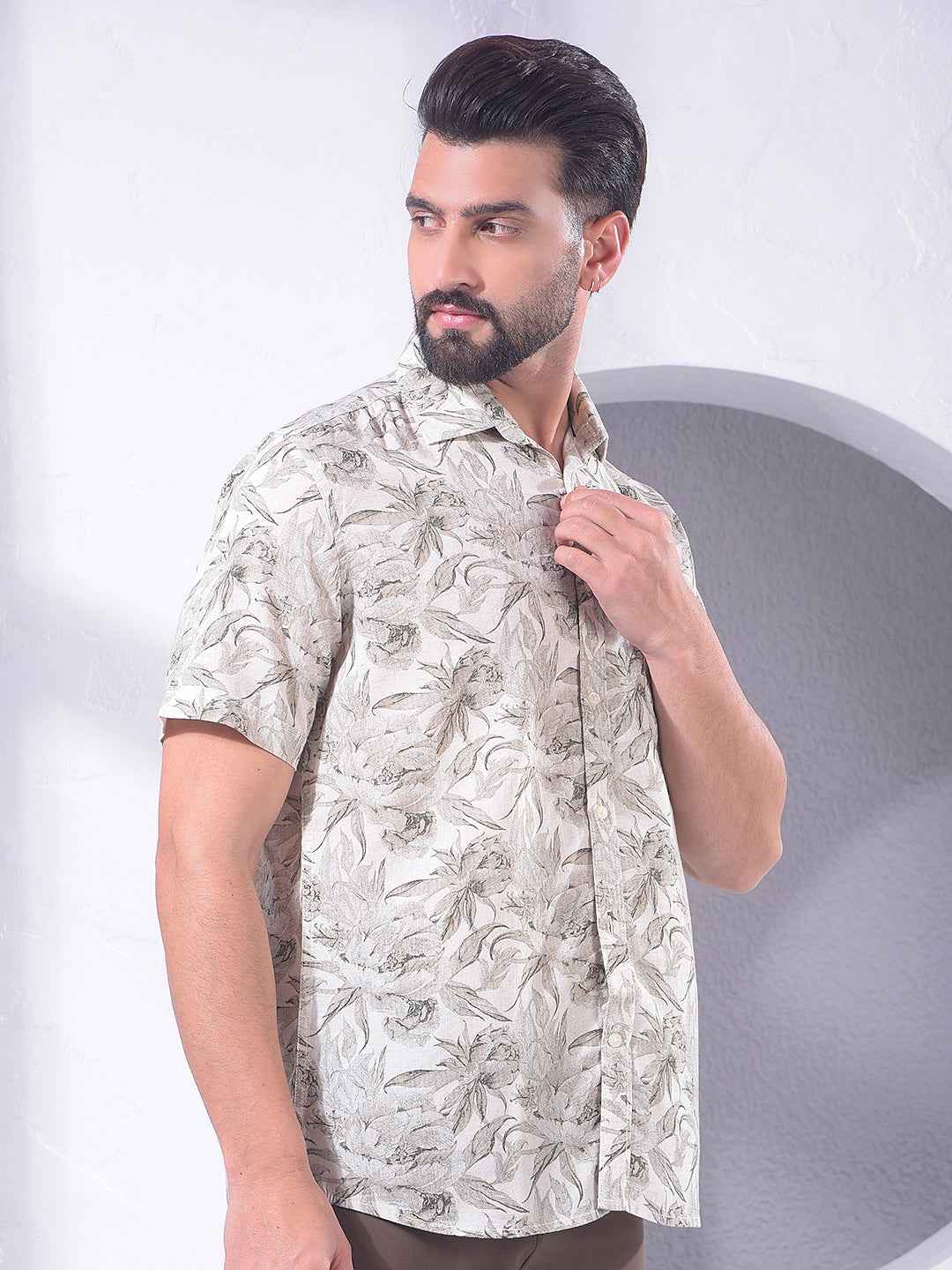 Grey Floral Print Linen Shirt