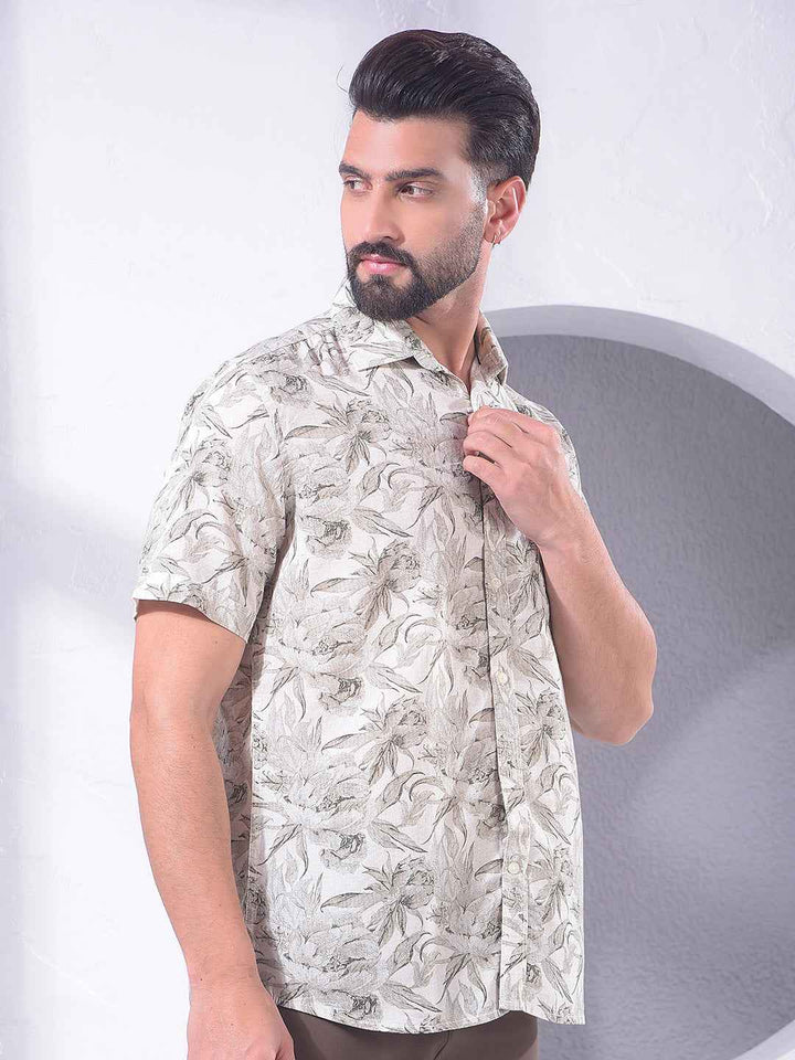 Grey Floral Print Linen Shirt