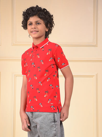 Red Floral Print Polo Neck T-Shirt