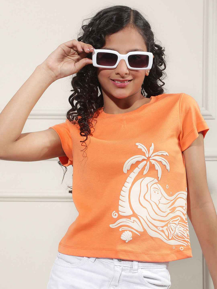 Orange Graphic Print Crop T-Shirt