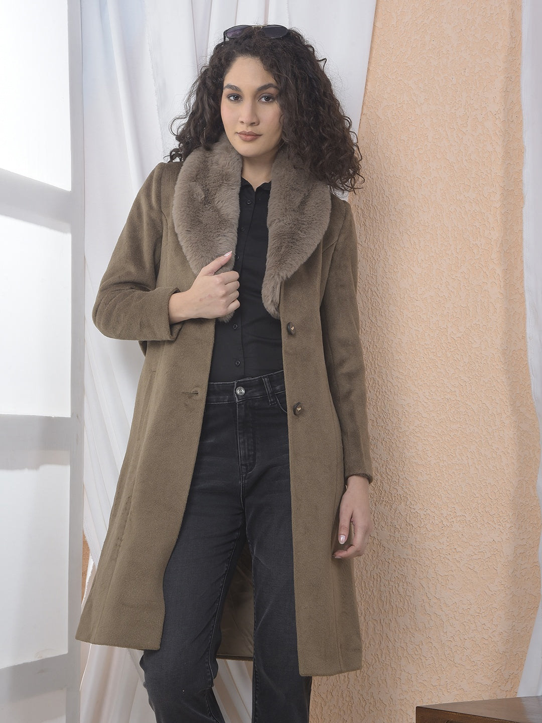 Brown Notched Lapel Overcoat With Belt