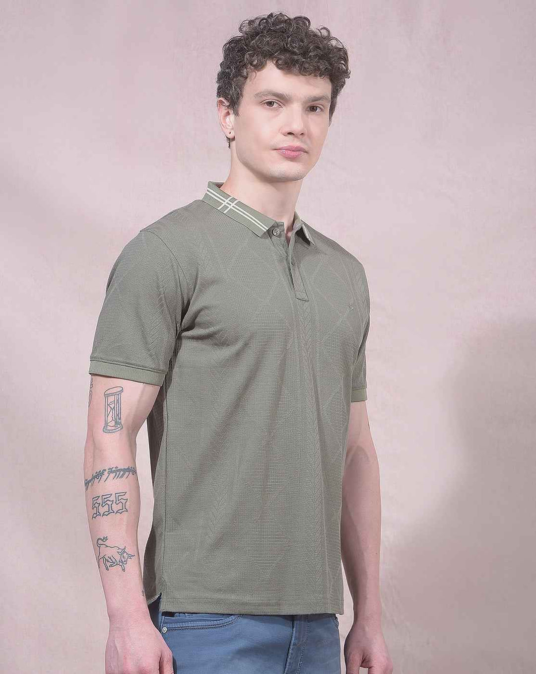 Olive Jacquard Polo Neck T-Shirt