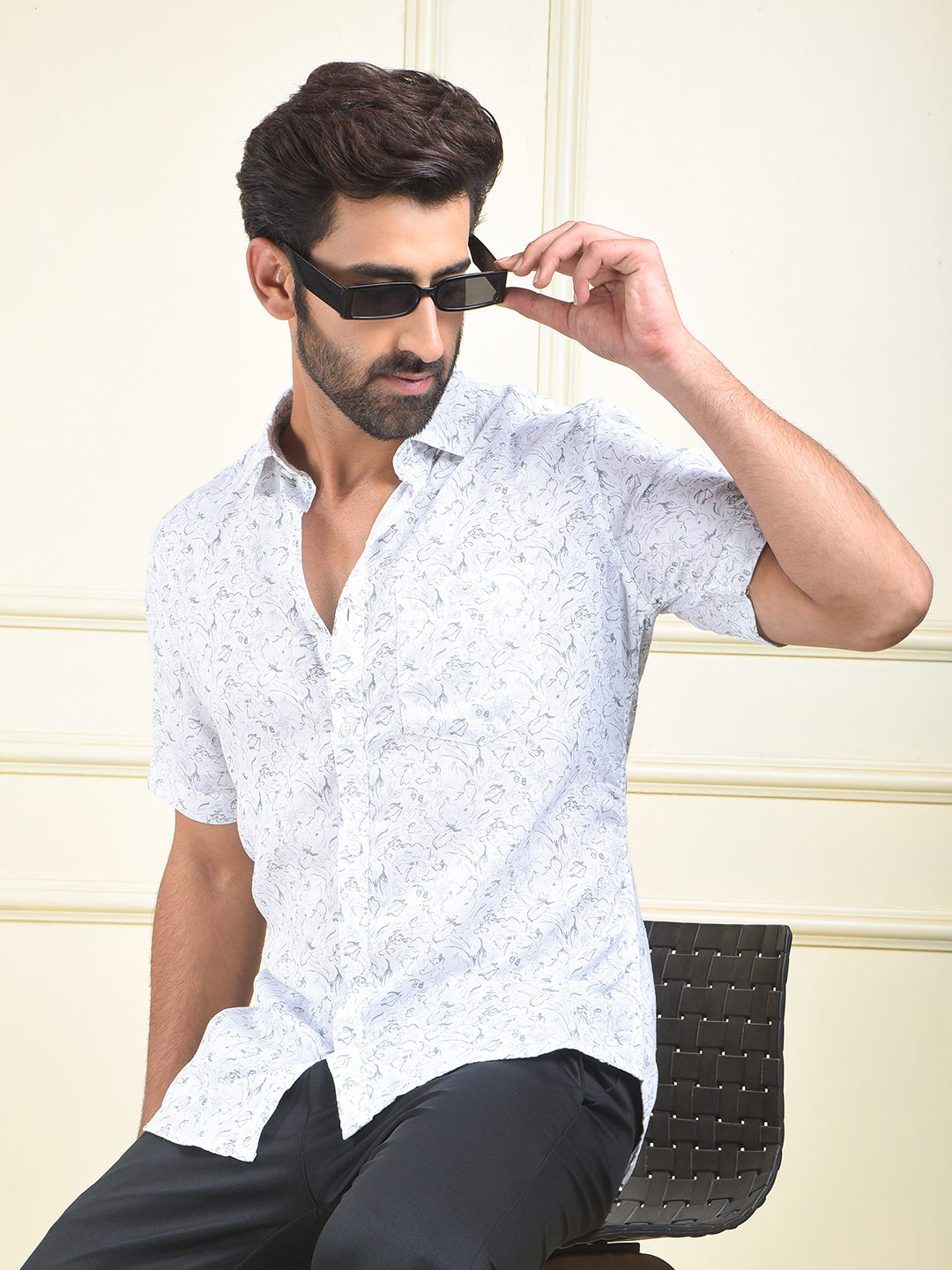 White Floral Print Linen Shirt