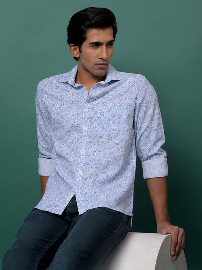 Blue Floral Print 100% Cotton Shirt
