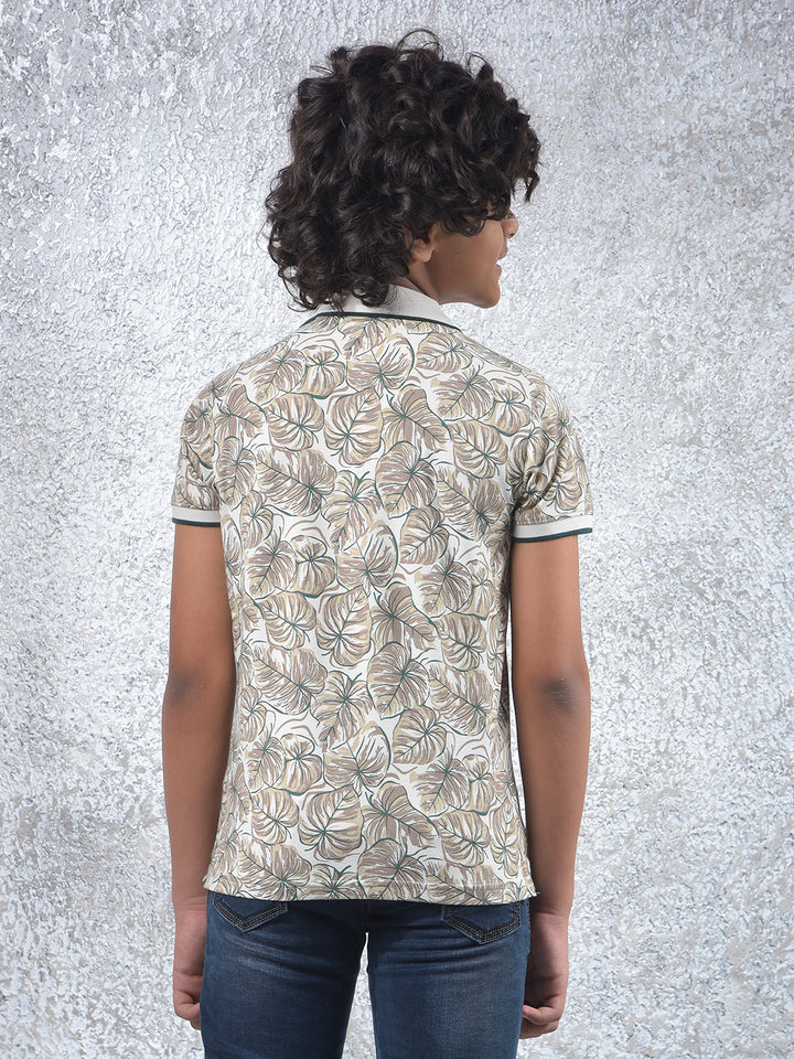 Beige Floral Print Polo Neck T-Shirt