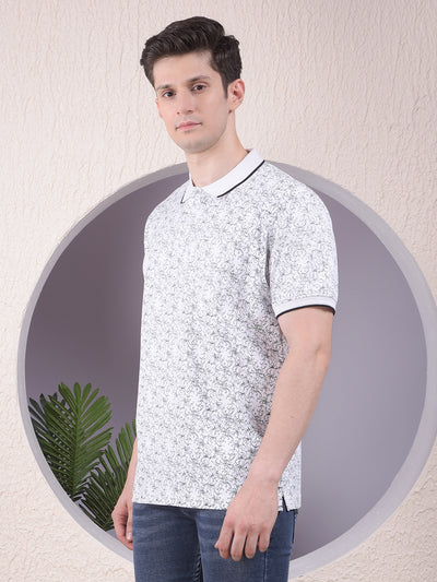 White Printed Polo-Neck T-Shirt