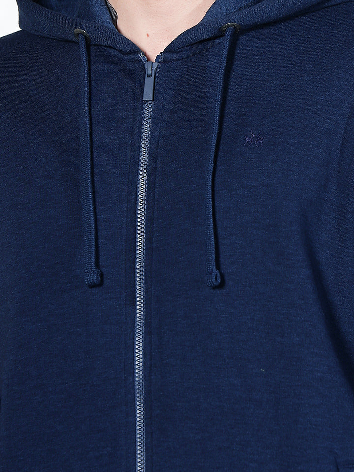 Blue Hooded Neck Front Open Sweatshirt
