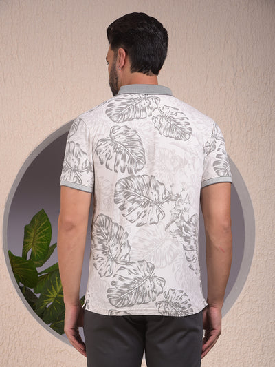 Grey Floral Print Polo Neck T-Shirt