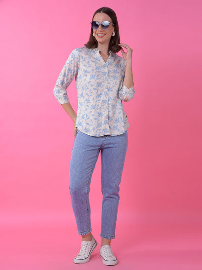 Blue Floral Print V-Neck Shirt